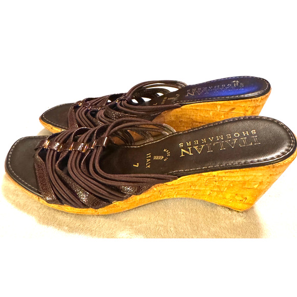 Italian Shoemakers Brown Wedge Sandals sz 7 wooden heels slip on strappy - Picture 1 of 6
